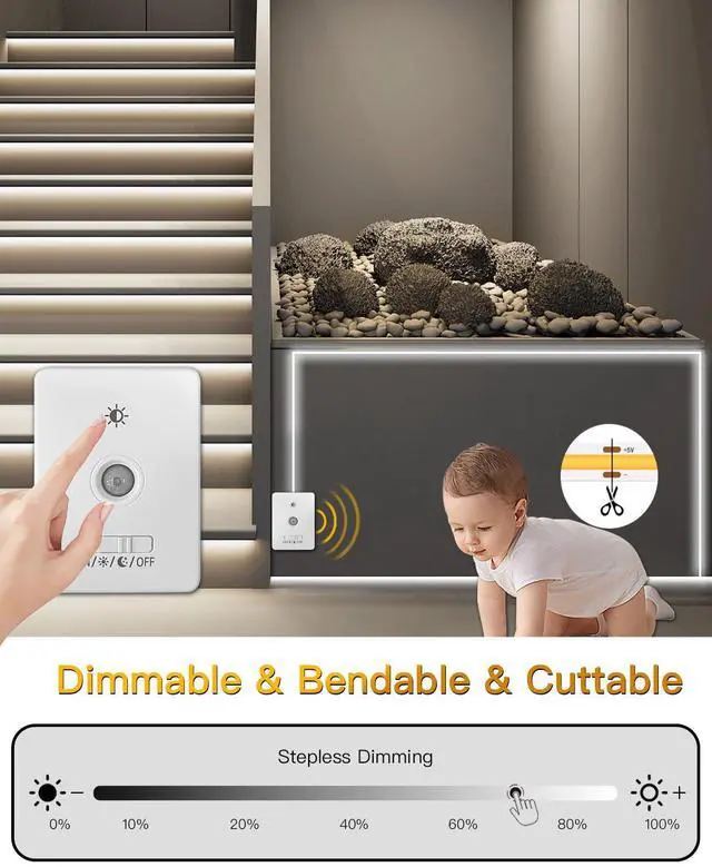 Alt view image 5 of 7 - Under Cabinet Lighting Wireless, 2 Pack 5000mAh 13FT COB Motion Sensor Led Light Strips Indoor, Rechargeable Battery Powered Motion Activated Stair Shelf Closet Cabinet Counter Led Strip Tape Lights