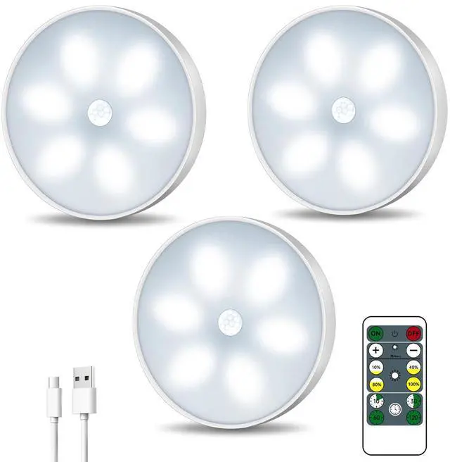 Main image of LED Closet Motion Sensor Step Lights, USB Rechargeable Battery Operated Puck Lights, Dimmable Under Cabinet Lighting for Counter,Kitchen,Stairs(3 Pack)