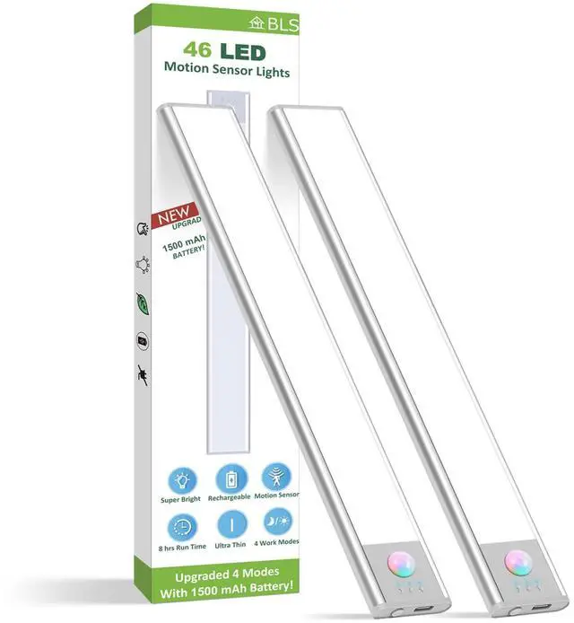 Main image of Under Cabinet Lights, 46 LED lights Battery Operated Motion Sensor Light Indoor, USB C Rechargeable Closet Lights Motion Sensored, 1500mah Wireless Magnetic Light for Kitchen Night Stairs (2 Pack)