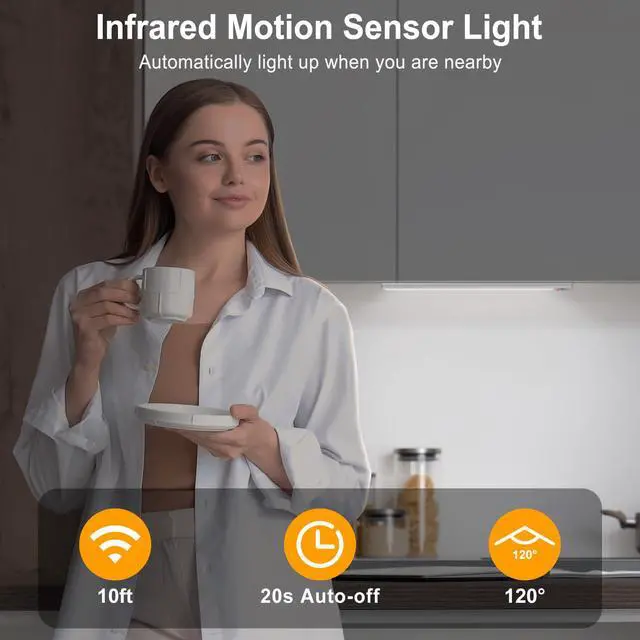 Alt view image 3 of 7 - Under Cabinet Lights, 46 LED lights Battery Operated Motion Sensor Light Indoor, USB C Rechargeable Closet Lights Motion Sensored, 1500mah Wireless Magnetic Light for Kitchen Night Stairs (2 Pack)
