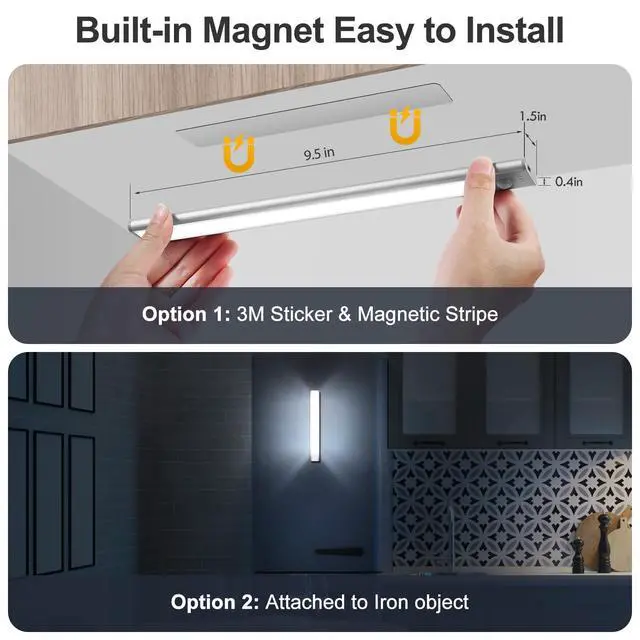 Alt view image 5 of 7 - Under Cabinet Lights, 46 LED lights Battery Operated Motion Sensor Light Indoor, USB C Rechargeable Closet Lights Motion Sensored, 1500mah Wireless Magnetic Light for Kitchen Night Stairs (2 Pack)