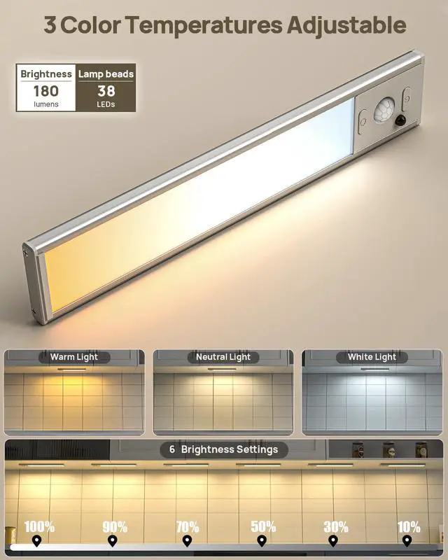 Alt view image 6 of 7 - 9inch Under Cabinet Lighting with Remote, Rechargeable LED Motion Sensor Light Indoor, Closet Lights Wireless, 3 Color Temps & Dimmable, Magnetic Under Counter Lights for Kitchen, Stairs, 4 Pack