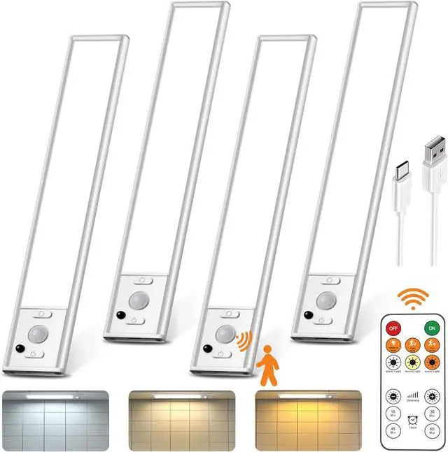 Alt view image 7 of 7 - 9inch Under Cabinet Lighting with Remote, Rechargeable LED Motion Sensor Light Indoor, Closet Lights Wireless, 3 Color Temps & Dimmable, Magnetic Under Counter Lights for Kitchen, Stairs, 4 Pack
