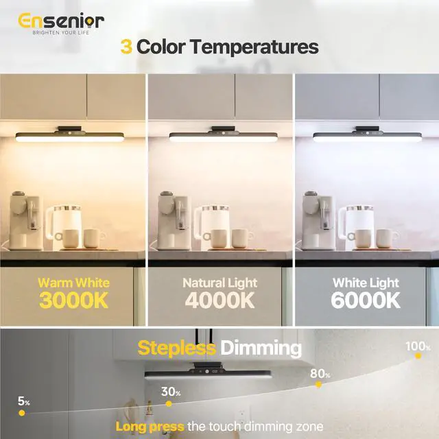 Alt view image 5 of 7 - Motion Sensor Light Indoor, Rechargeable Under Cabinet Lighting with Remote Control Digital Battery Display, Dimmable Magnetic LED Closet Lights, 3 CCT Stick on Lights for Kitchen, Hallway, Stairs