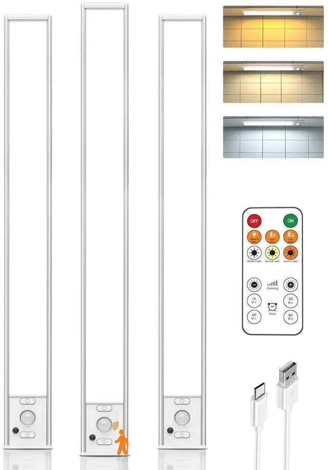 Main image of 16in Under Cabinet Lighting with Remote, 160 LED Motion Sensor Light Indoor, 4000mAh USB Rechargeable Closet Lights Wireless, 3 Color Temps Under Counter Lights for Kitchen, Pantry, Stair, 3 Pack