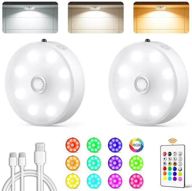 Main image of Puck Lights with Remote, Rechargeable Under Cabinet Lighting, 3 Color Temps, 12 RGB Color LED Motion Sensor Lights Wireless, Dimmable Tap Lights for Closet, Kitchen, Shelf, Stair, 2 Pack