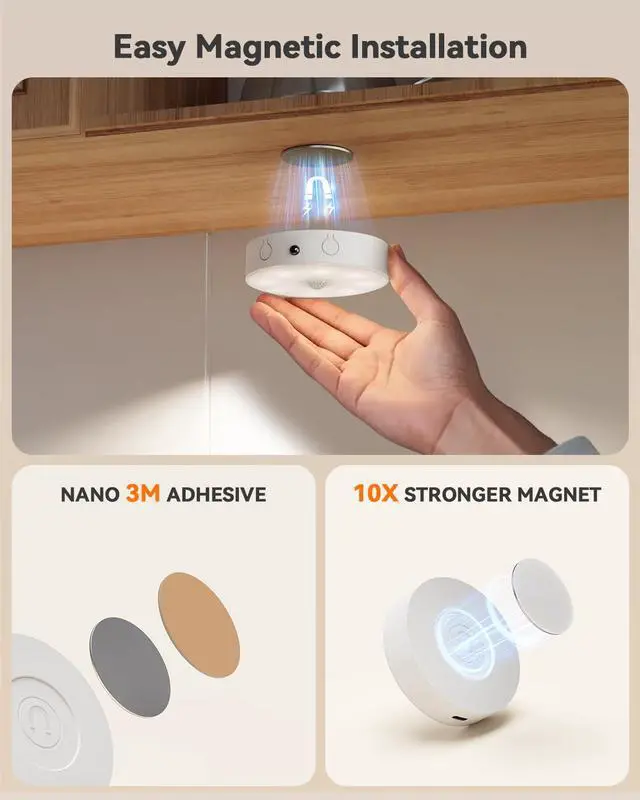 Alt view image 7 of 7 - Puck Lights with Remote, Rechargeable Under Cabinet Lighting, 3 Color Temps, 12 RGB Color LED Motion Sensor Lights Wireless, Dimmable Tap Lights for Closet, Kitchen, Shelf, Stair, 2 Pack