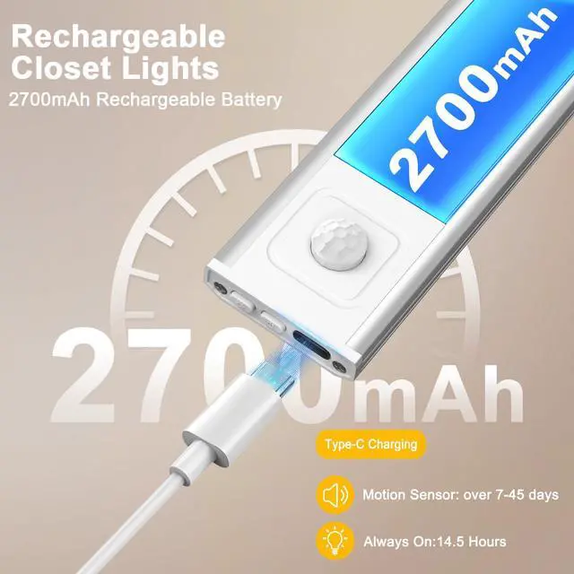 Alt view image 4 of 7 - 13.8" Under Cabinet Lighting, 2700mAh USB-C Rechargeable, Motion Sensor Under Cabinet Lights with 3 Color & Dimmable, Magnetic Under Counter Lights for Kitchen, Closet, 2 Pack