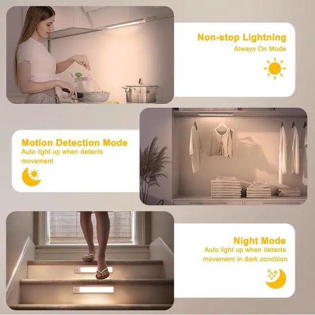 Alt view image 5 of 7 - 13.8" Under Cabinet Lighting, 2700mAh USB-C Rechargeable, Motion Sensor Under Cabinet Lights with 3 Color & Dimmable, Magnetic Under Counter Lights for Kitchen, Closet, 2 Pack