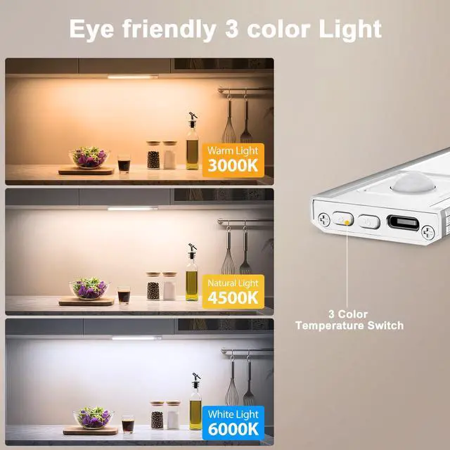 Alt view image 6 of 7 - 13.8" Under Cabinet Lighting, 2700mAh USB-C Rechargeable, Motion Sensor Under Cabinet Lights with 3 Color & Dimmable, Magnetic Under Counter Lights for Kitchen, Closet, 2 Pack