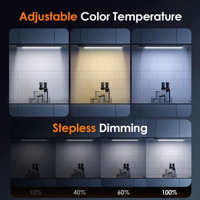 Alt view image 2 of 7 - 8.5" Under Cabinet Lighting 6 Pack, 3 Colors, Motion Sensor Light Indoor,48 LED Rechargeable Closet Lights, Dimmable Under Counter Lights, Stick-On Magnetic Cabinet Night Lights for Kitchen