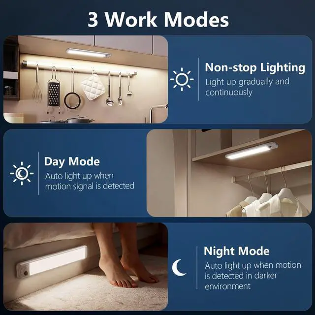 Alt view image 6 of 7 - 8.5" Under Cabinet Lighting 6 Pack, 3 Colors, Motion Sensor Light Indoor,48 LED Rechargeable Closet Lights, Dimmable Under Counter Lights, Stick-On Magnetic Cabinet Night Lights for Kitchen