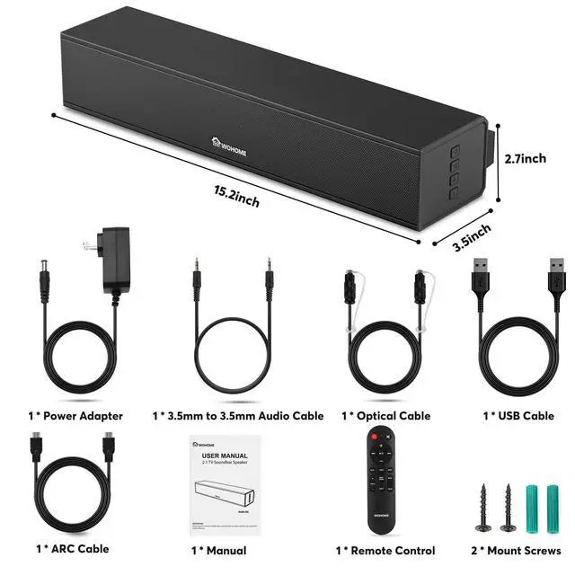 Alt view image 7 of 7 - 2.1 Sound Bar for Smart TV with Built-in Subwoofer, 6 Levels Voice Enhancement, 15 Inches Small TV Soundbar Speakers with Bluetooth 5.3/ARC/Optical/AUX/USB Connection, 3 EQ Modes, Wall Mount