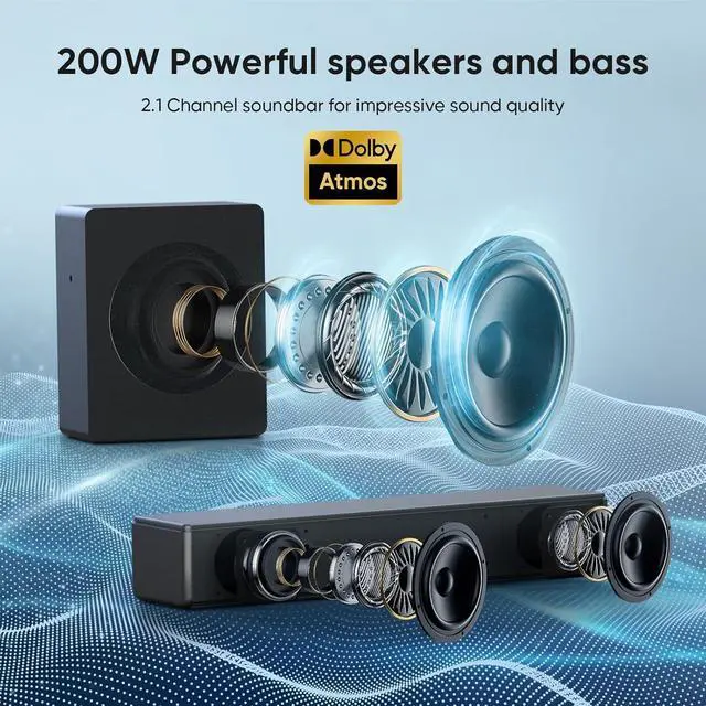 Alt view image 3 of 7 - Sound bar with subwoofer, 200W 2.1 ch soundbar w/Dolby Atmos Surround Sound System, 3D Bass Adjustable Home Theater Bluetooth TV Speaker for Smart TV/Projector/PC