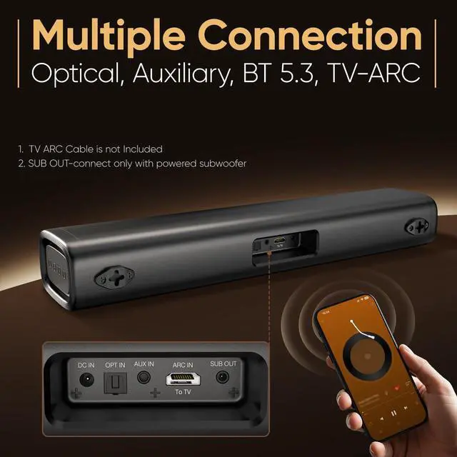 Alt view image 4 of 7 - Sound Bar for Smart TV, 60W Bluetooth 5.3 Soundbar with Dual Bass Drivers&Clear Voice, Virtual Surround Sound System with TV-ARC/Optical/AUX for TV/PC/Gaming/Projectors, 17 inch, Wall Mountable