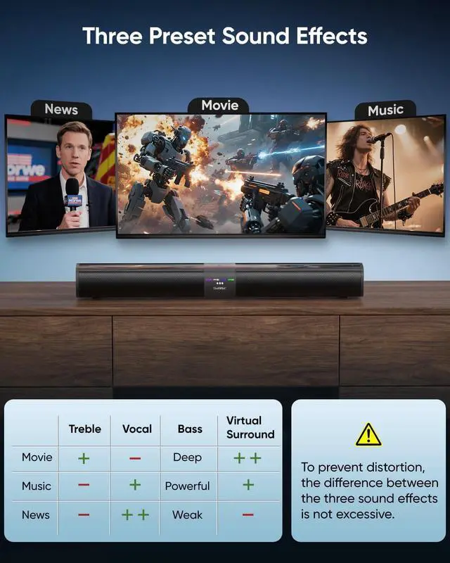 Alt view image 6 of 7 - Sound Bar for Smart TV, Detachable Soundbar TV Speaker with Bluetooth/ARC/Optical/AUX Input, Super Diaphragm Driver and 3 Preset Sound Effects for TV/PC/Projector.