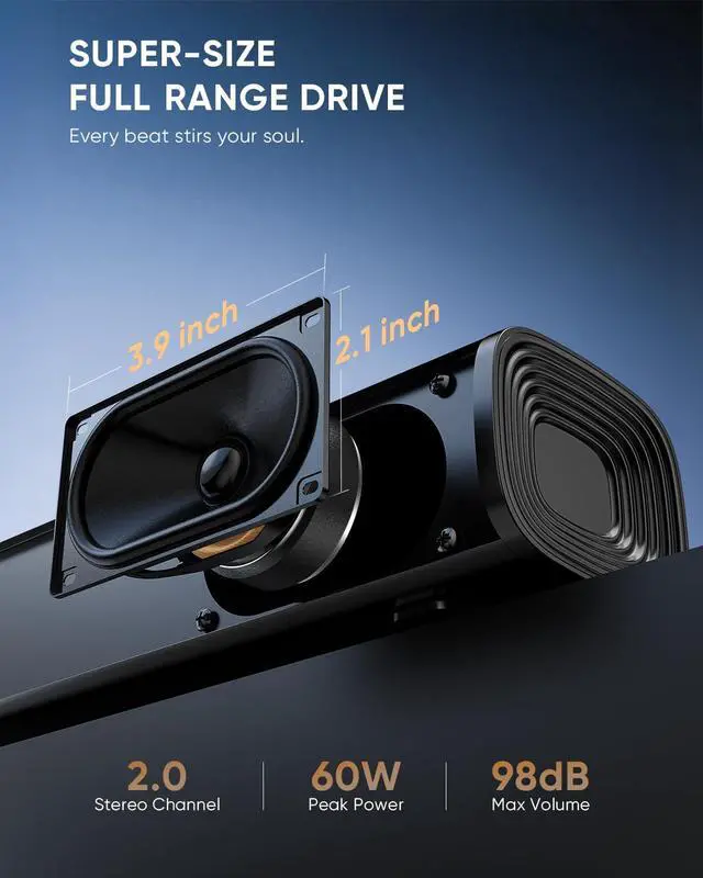 Alt view image 3 of 7 - Sound Bar for Smart TV, Detachable Soundbar TV Speaker with Bluetooth/ARC/Optical/AUX Input, Super Diaphragm Driver and 3 Preset Sound Effects for TV/PC/Projector.