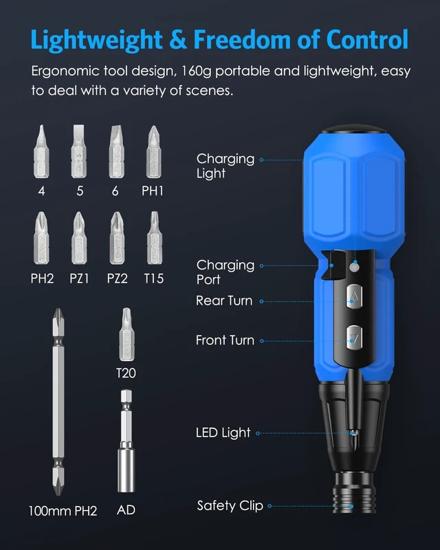 Alt view image 3 of 7 - Power Screwdriver Cordless Rechargeable, Electric Screwdriver Sets, Portable Automatic Home Repair Tool Kit, Motorized Screwdriver with LED Lights and USB Cable, Blue