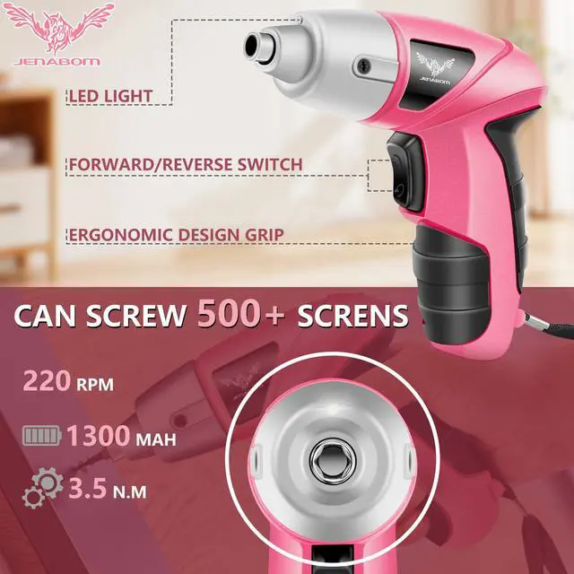 Alt view image 3 of 7 - Cordless Electric Screwdriver, 3.6V Rechargeable Power Screwdriver with 26pcs Driver Bit, Ideal for Small Projects, Home DIY&Women, Pink