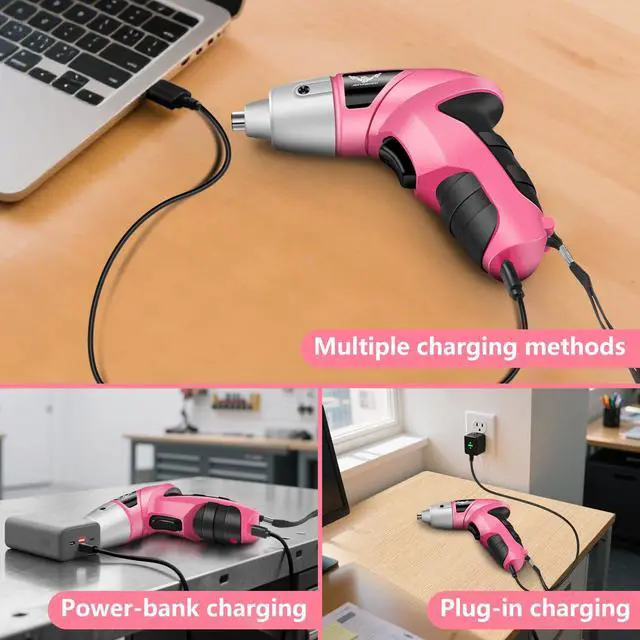 Alt view image 4 of 7 - Cordless Electric Screwdriver, 3.6V Rechargeable Power Screwdriver with 26pcs Driver Bit, Ideal for Small Projects, Home DIY&Women, Pink