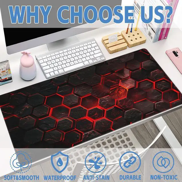 Alt view image 3 of 7 - Large Gaming Mouse Pad for Desk,Red Honeycomb Science Technology Desk Mat,Honeycomb Hexagon Desk Pad,Extended Big Computer Keyboard Mouse Pad with Non-Slip Base Stitched Edges 35.4"x15.7"
