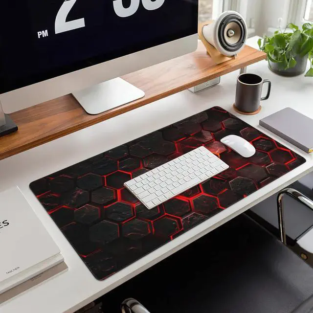 Alt view image 6 of 7 - Large Gaming Mouse Pad for Desk,Red Honeycomb Science Technology Desk Mat,Honeycomb Hexagon Desk Pad,Extended Big Computer Keyboard Mouse Pad with Non-Slip Base Stitched Edges 35.4"x15.7"