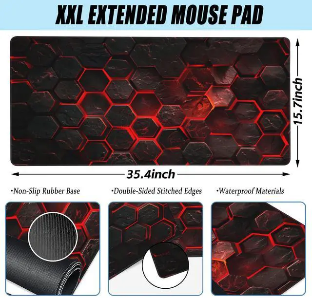 Alt view image 2 of 7 - Large Gaming Mouse Pad for Desk,Red Honeycomb Science Technology Desk Mat,Honeycomb Hexagon Desk Pad,Extended Big Computer Keyboard Mouse Pad with Non-Slip Base Stitched Edges 35.4"x15.7"