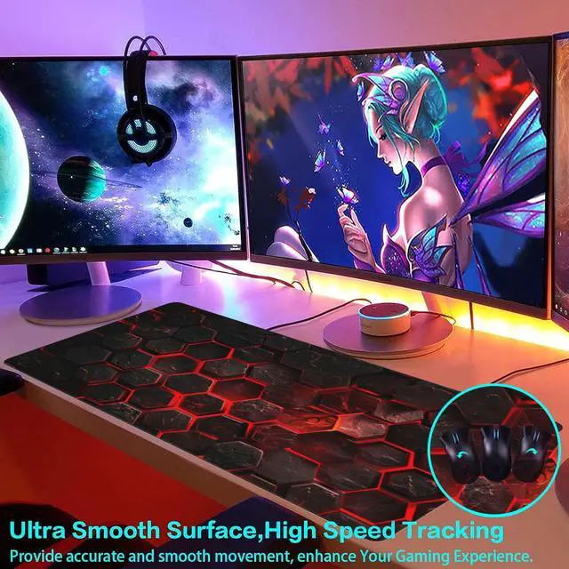 Alt view image 5 of 7 - Large Gaming Mouse Pad for Desk,Red Honeycomb Science Technology Desk Mat,Honeycomb Hexagon Desk Pad,Extended Big Computer Keyboard Mouse Pad with Non-Slip Base Stitched Edges 35.4"x15.7"