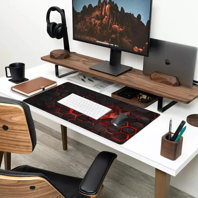 Alt view image 7 of 7 - Large Gaming Mouse Pad for Desk,Red Honeycomb Science Technology Desk Mat,Honeycomb Hexagon Desk Pad,Extended Big Computer Keyboard Mouse Pad with Non-Slip Base Stitched Edges 35.4"x15.7"