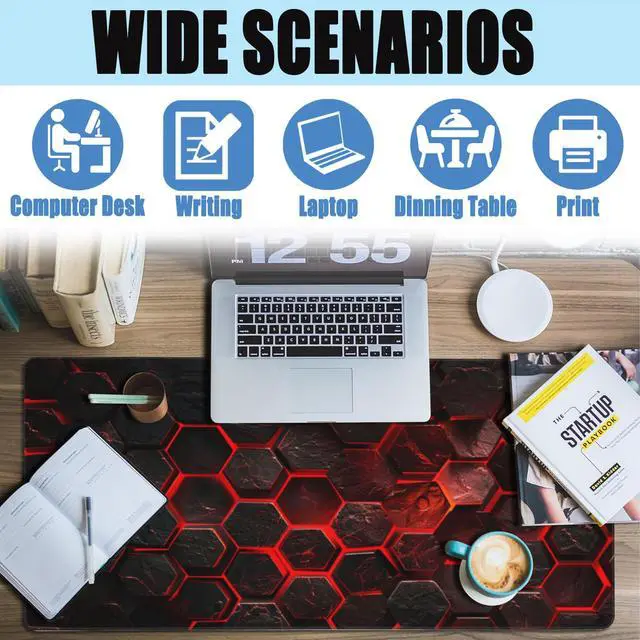 Alt view image 4 of 7 - Large Gaming Mouse Pad for Desk,Red Honeycomb Science Technology Desk Mat,Honeycomb Hexagon Desk Pad,Extended Big Computer Keyboard Mouse Pad with Non-Slip Base Stitched Edges 35.4"x15.7"
