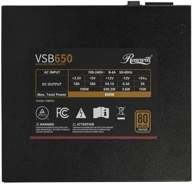 Alt view image 7 of 7 - VSB 650W 80+ Bronze, ATX 3.0 & 3.1 Compatible, Semi-Modular Power Supply, PCIe 5.1 12V-2x6 Connector, 105°C/221°F Japanese Capacitor, 120mm ICB Silent Fan - 5 Year Warranty