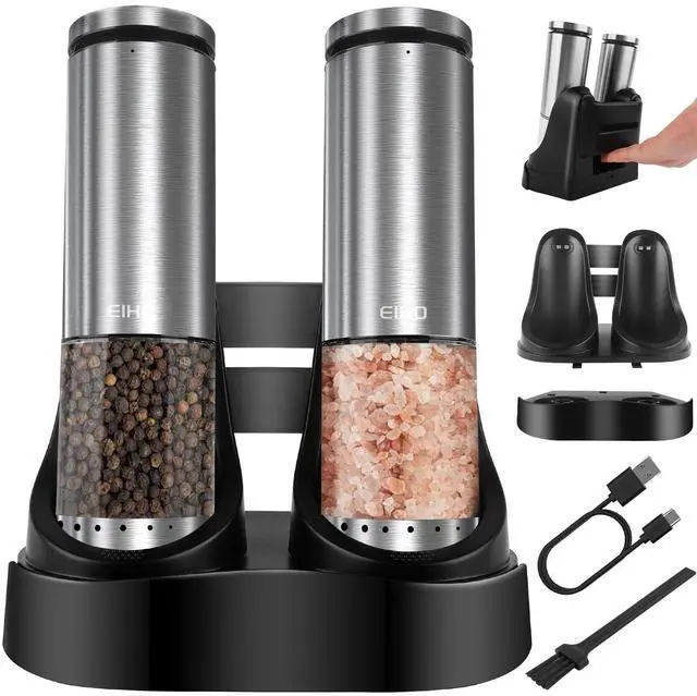 Main image of Electric Salt and Pepper Grinder Set USB Rechargeable, Upgraded External Adjustable Coarseness, Stainless Steel Automatic Salt and Pepper Shakers Mills with LED Light, House Warming Cooking Gifts