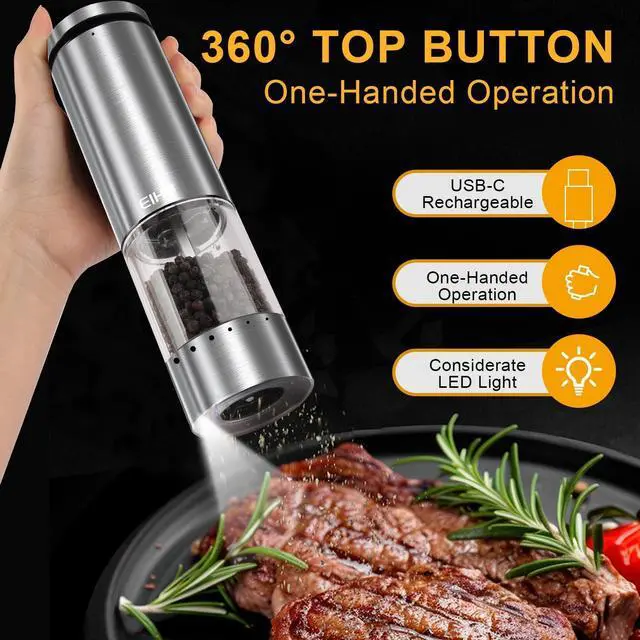 Alt view image 3 of 7 - Electric Salt and Pepper Grinder Set USB Rechargeable, Upgraded External Adjustable Coarseness, Stainless Steel Automatic Salt and Pepper Shakers Mills with LED Light, House Warming Cooking Gifts