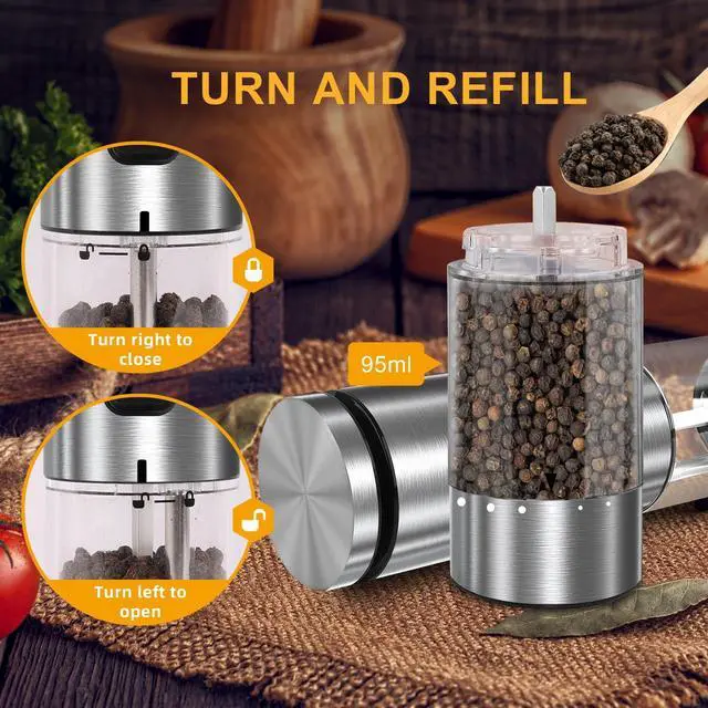 Alt view image 5 of 7 - Electric Salt and Pepper Grinder Set USB Rechargeable, Upgraded External Adjustable Coarseness, Stainless Steel Automatic Salt and Pepper Shakers Mills with LED Light, House Warming Cooking Gifts