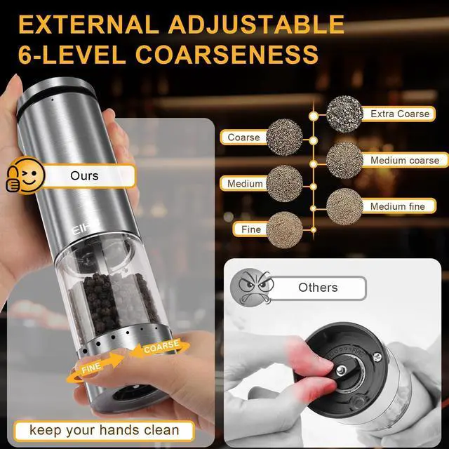 Alt view image 2 of 7 - Electric Salt and Pepper Grinder Set USB Rechargeable, Upgraded External Adjustable Coarseness, Stainless Steel Automatic Salt and Pepper Shakers Mills with LED Light, House Warming Cooking Gifts