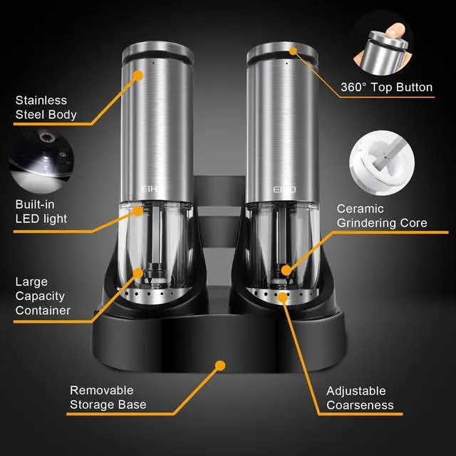 Alt view image 6 of 7 - Electric Salt and Pepper Grinder Set USB Rechargeable, Upgraded External Adjustable Coarseness, Stainless Steel Automatic Salt and Pepper Shakers Mills with LED Light, House Warming Cooking Gifts