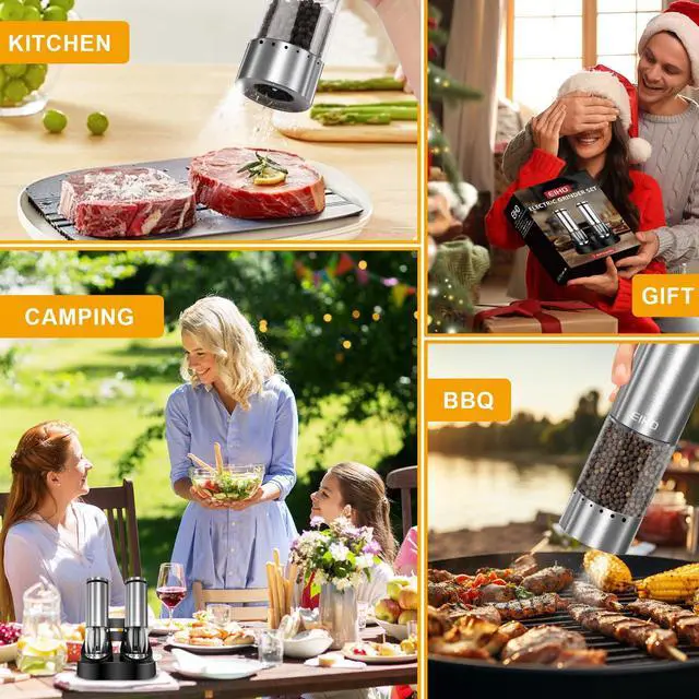 Alt view image 7 of 7 - Electric Salt and Pepper Grinder Set USB Rechargeable, Upgraded External Adjustable Coarseness, Stainless Steel Automatic Salt and Pepper Shakers Mills with LED Light, House Warming Cooking Gifts
