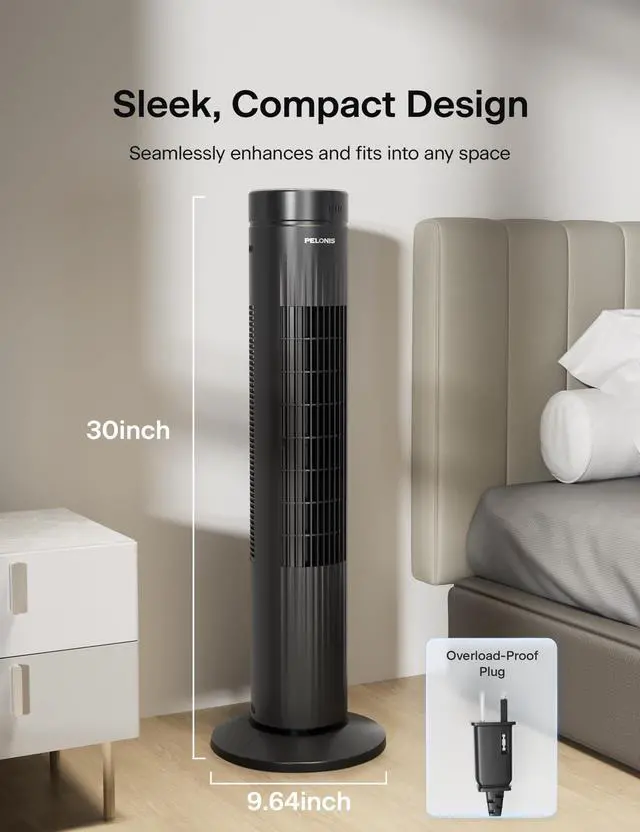 Alt view image 4 of 6 - 30-Inch Oscillating Tower Fan for Bedroom 3 Speed, Quiet Tower Fan with Remote ControL, Small Fan, 7-Hour Timer ETL Certified, Black