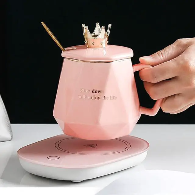 Alt view image 2 of 7 - Coffee Warmer for Desk with Mug Set. Women's Day Valentines Morther's Day Birthday Gifts for Woman. Cup Warmer with Automatic Shut Off, Drink Warmer for Cocoa, Tea, Milk. (Pink)
