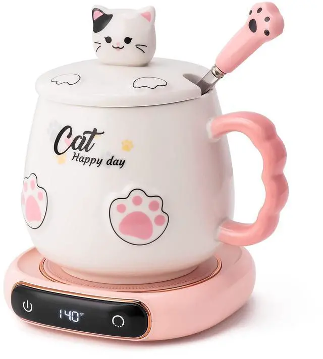 Main image of Coffee Mug Warmer & Cute Cat Mug Set, Beverage Cup Warmer for Desk Home Office with Three Temperature Up to 140/ 60, Coffee Warmer for Cocoa Milk Tea Water Candle, 8 Hours Auto Shut Off
