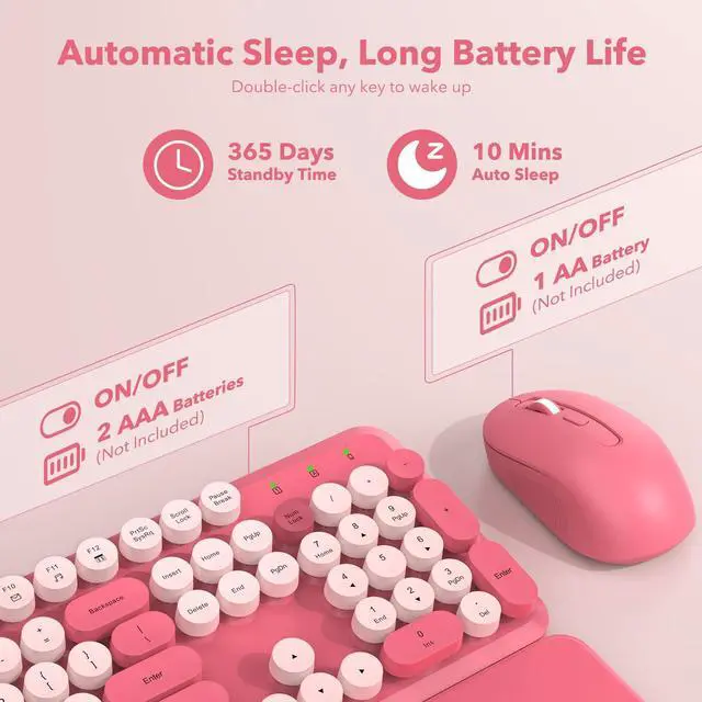Alt view image 4 of 7 - Wireless Keyboard and Mouse Combo, Cute Hot Pink Full-Size Retro Typewriter Keyboard with Round Keycaps, Magnetic Wrist Rest, Tilt Legs, 2.4GHz Cordless for Mac, Windows PC, Laptop, SABLUTE CK23