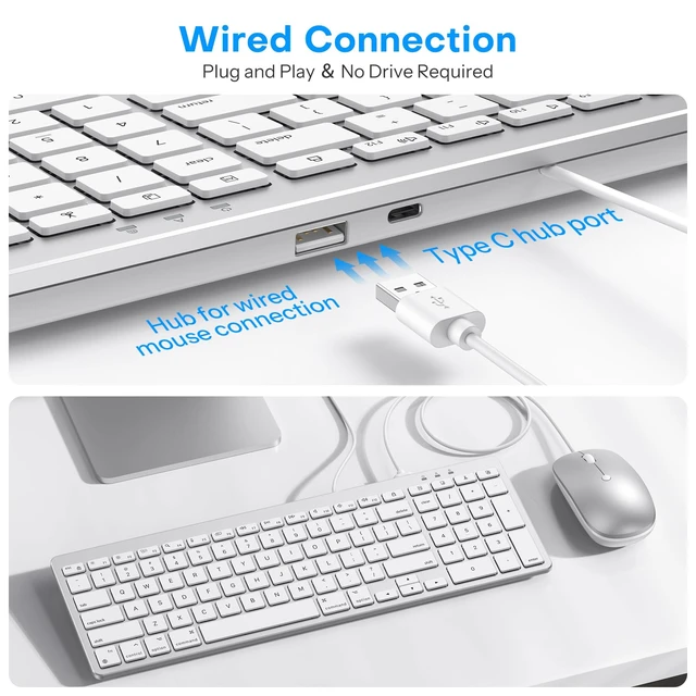 Alt view image 2 of 7 - Wired Keyboard and Mouse for Mac, USB-C & USB-A, Number Pad, Silver White | Plug directly into any MacMacBook Air/Pro, iMac, Mac Mini, No Bluetooth Pairing, No adapter needed, Hotkeys, Ergonomic Tilt