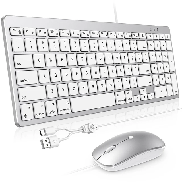 Main image of Wired Keyboard and Mouse for Mac, USB-C & USB-A, Number Pad, Silver White | Plug directly into any MacMacBook Air/Pro, iMac, Mac Mini, No Bluetooth Pairing, No adapter needed, Hotkeys, Ergonomic Tilt