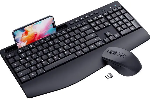 Main image of Ergonomic Wireless Keyboard and Mouse Combination, 2.4GHz Quiet Full Length Mouse and Keyboard, Wrist Stand, Phone Holder, Compatible with Windows, PC, Laptops