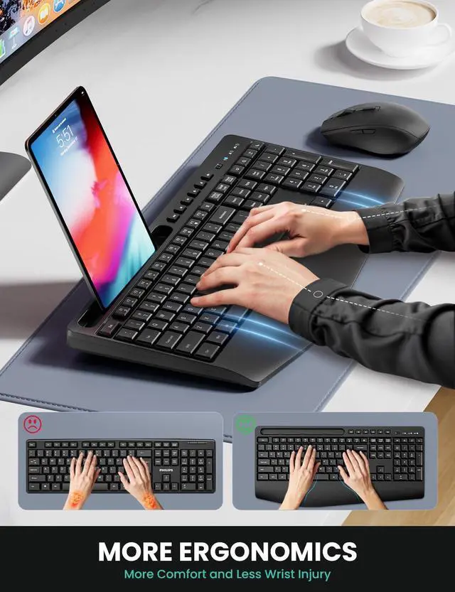 Alt view image 2 of 6 - Ergonomic Wireless Keyboard and Mouse Combination, 2.4GHz Quiet Full Length Mouse and Keyboard, Wrist Stand, Phone Holder, Compatible with Windows, PC, Laptops