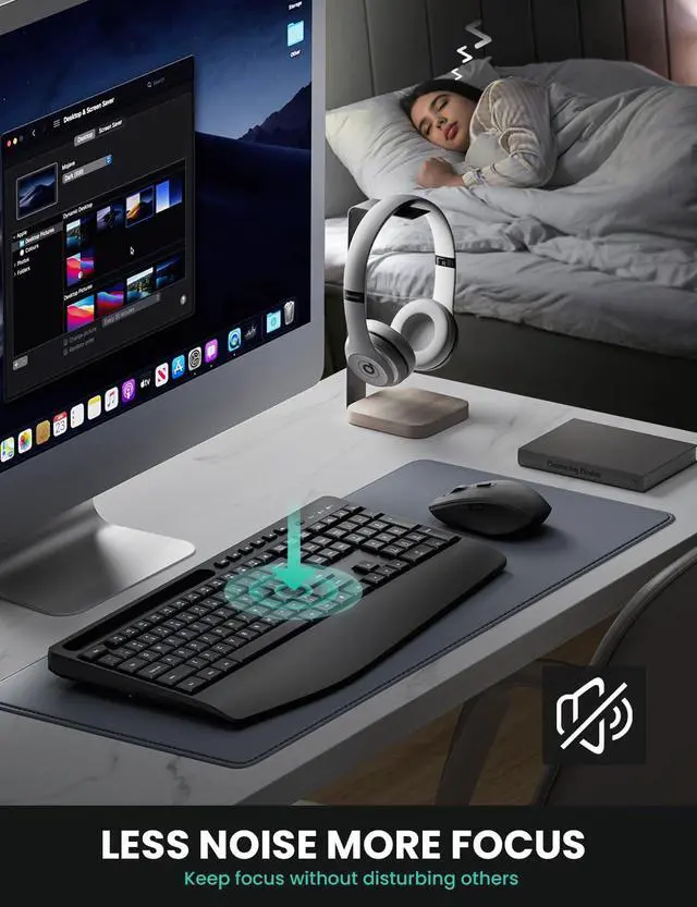 Alt view image 6 of 6 - Ergonomic Wireless Keyboard and Mouse Combination, 2.4GHz Quiet Full Length Mouse and Keyboard, Wrist Stand, Phone Holder, Compatible with Windows, PC, Laptops