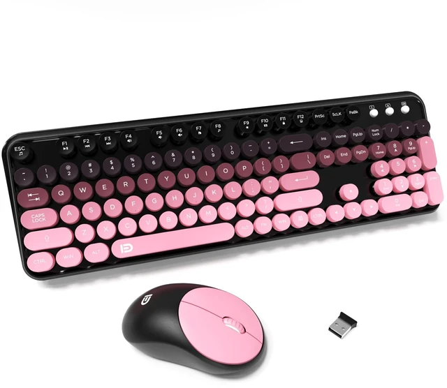 Main image of Wireless Keyboard and Mouse Combo - 2.4G Full-Sized Cute Colorful Mouse and Keyboard with 104 Round Keys Retro Typewriter Keyboards for Laptop/Windows/PC - Pink Gradient