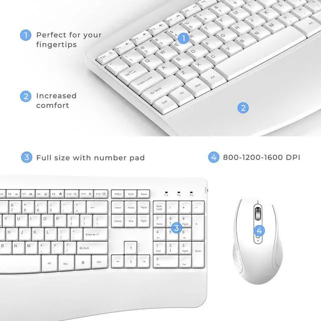 Alt view image 3 of 7 - Ergonomic Keyboard and Mouse Combo, Full Size Cordless Computer Keyboard with Palm Wrist Rest Ergonomic Mouse for Windows Computers Laptops - White