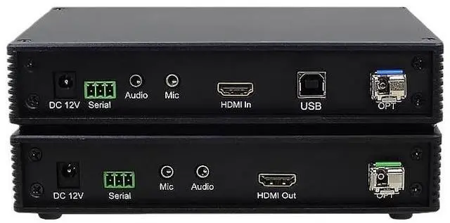 Main image of 4K HDMI uncompressed 1/2 channel optical transceiver with RS232 audio and USB 2.0 interfaces.