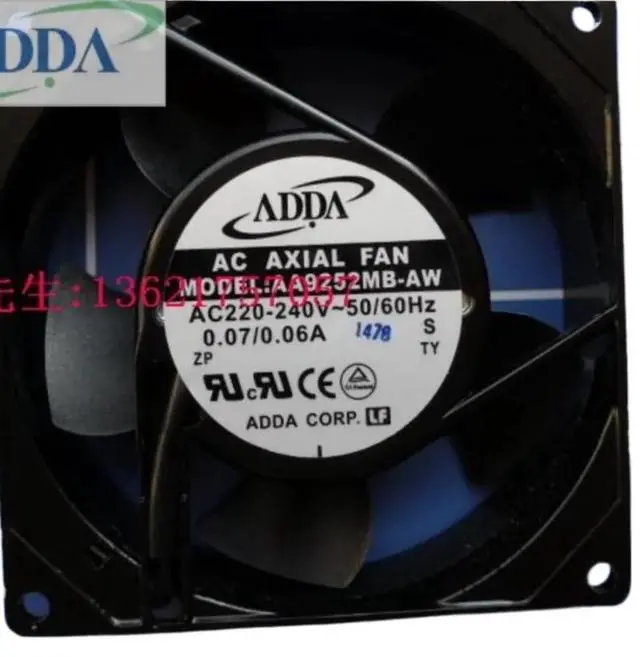 Main image of A 92mm 220V fan for the AA92252MB-AW series, measuring 92x92x25mm, with an AC rated current of 0.07A, featuring dual ball bearings, axial cooling, and suitable for industrial applications.